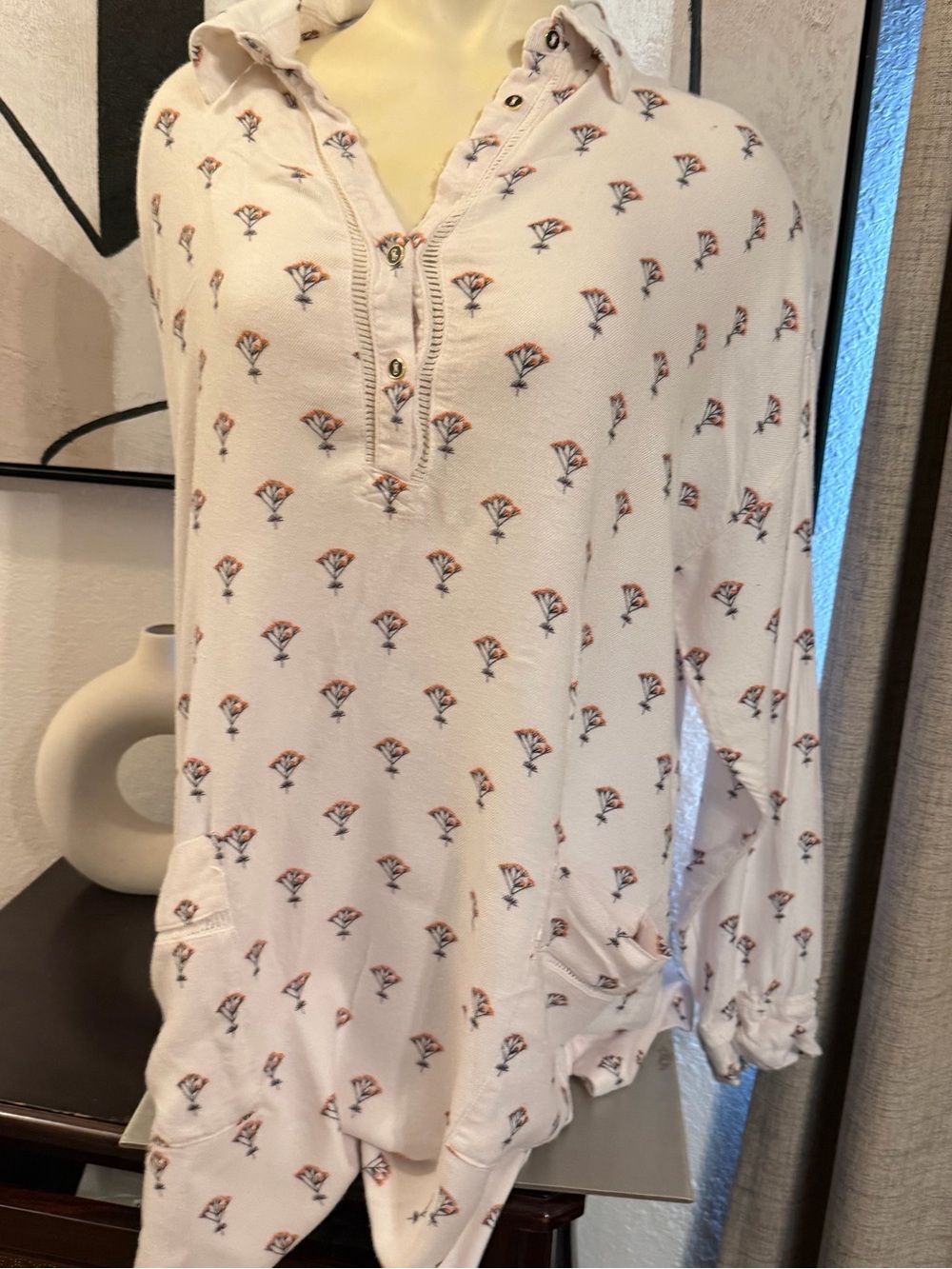 Anthropologie Cream Floral-Print Henley Tunic With Pockets Sz Medium